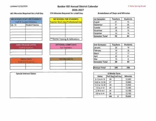 Booker ISD 2026–2027 Academic Calendar Page 2