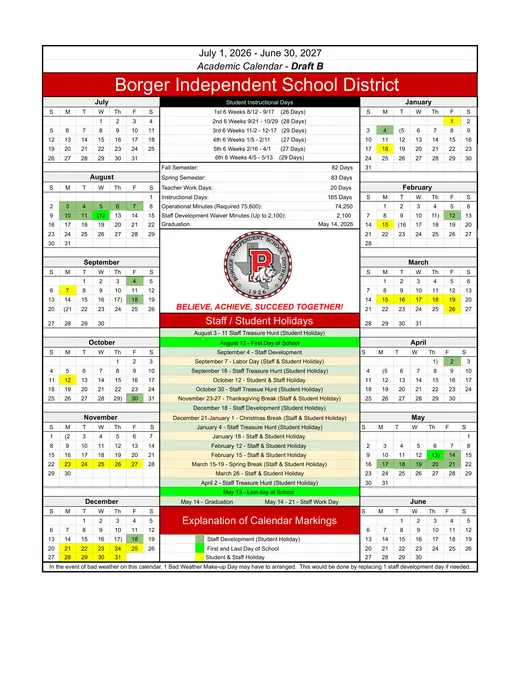 Borger Independent School District 2026–2027 Academic Calendar