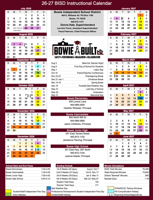 Bowie Independent School District 2026–2027 Academic Calendar Page 1