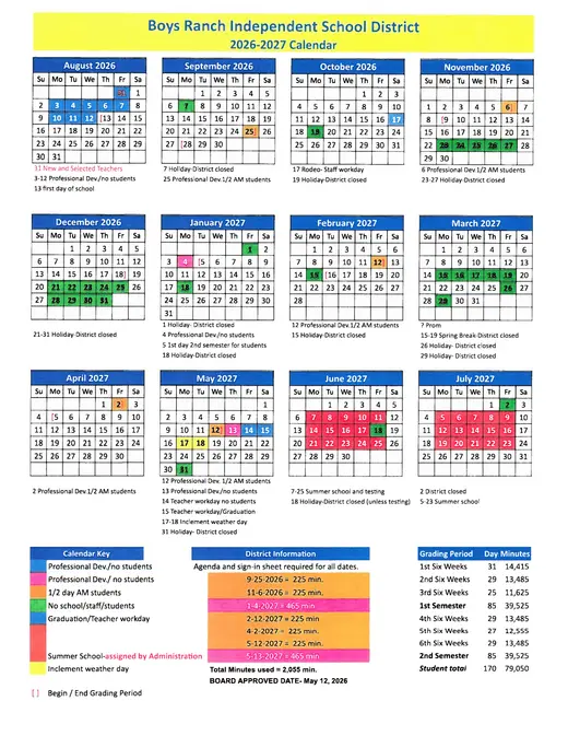 Boys Ranch Independent School District 2026–2027 Academic Calendar