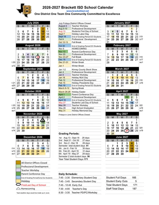 Brackett ISD 2026–2027 Academic Calendar