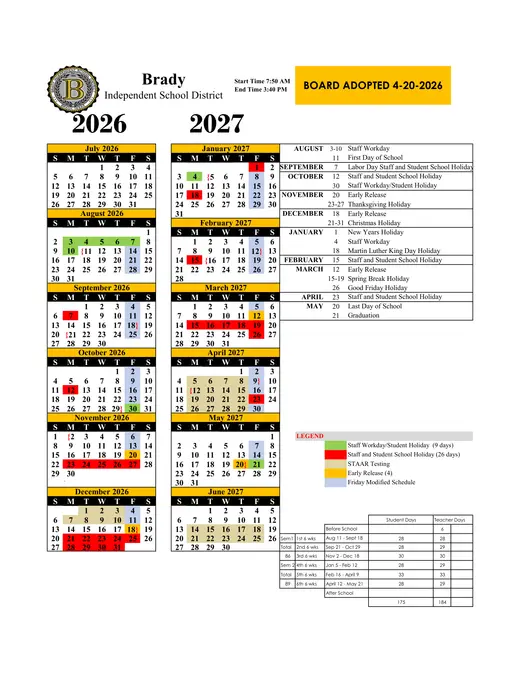 Brady Independent School District 2026–2027 Academic Calendar