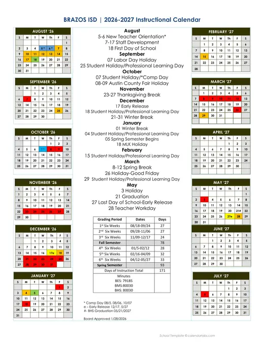 Brazos ISD 2026–2027 Academic Calendar