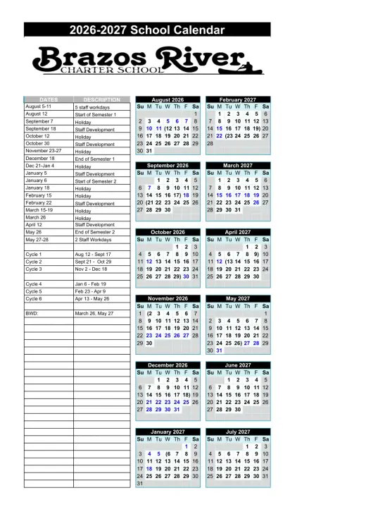 Brazos River Charter School 2026–2027 Academic Calendar Page 2