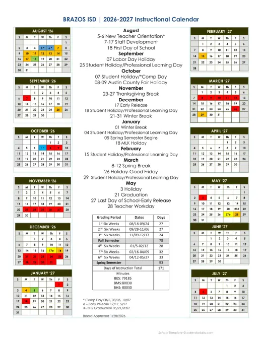 Brazos School for Inquiry &amp;amp; Creativity 2026–2027 Academic Calendar Page 1