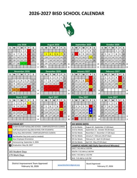 Breckenridge Independent School District 2026–2027 Academic Calendar