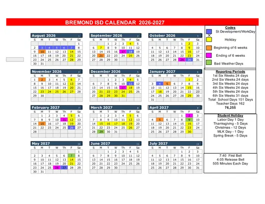 Bremond ISD 2026–2027 Academic Calendar