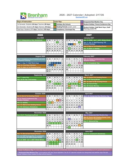 Brenham ISD 2026–2027 Academic Calendar Page 1
