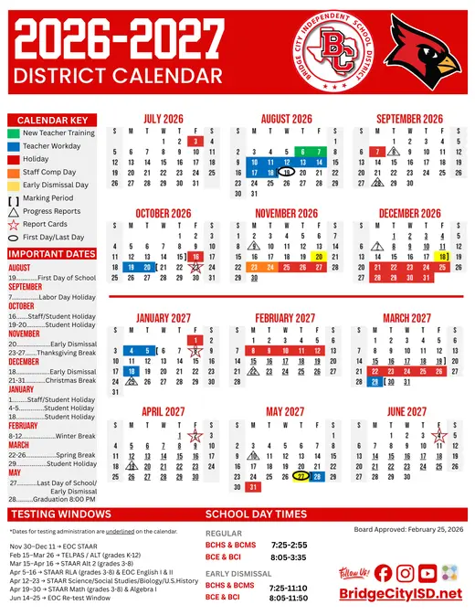 Bridge City Independent School District 2026–2027 Academic Calendar Page 1