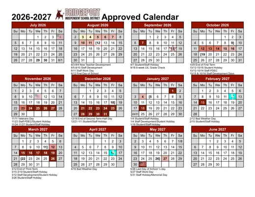 Bridgeport Independent School District 2026–2027 Academic Calendar Page 1