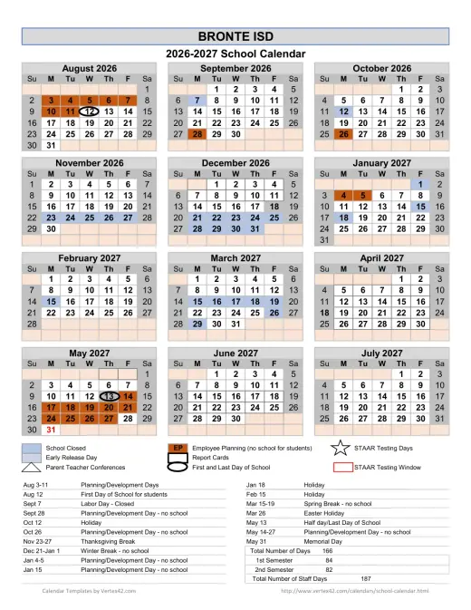 Bronte ISD 2026–2027 Academic Calendar Page 1