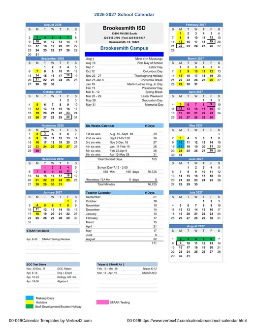 Brookesmith ISD 2026–2027 Academic Calendar