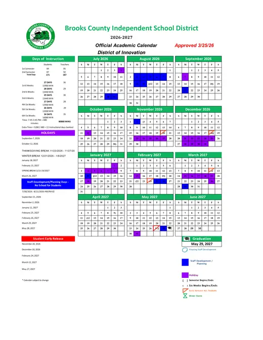 Brooks County Independent School District 2026–2027 Academic Calendar