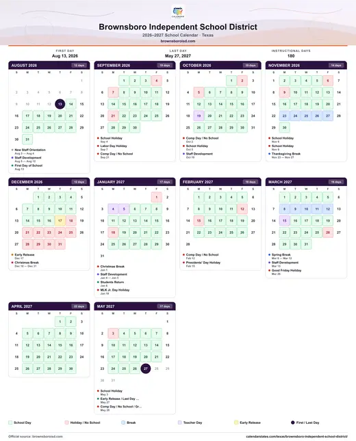 Brownsboro Independent School District 2026–2027 printable school calendar — every month on one sheet
