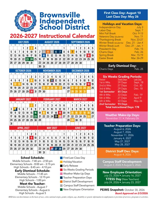 Brownsville Independent School District 2026–2027 Academic Calendar