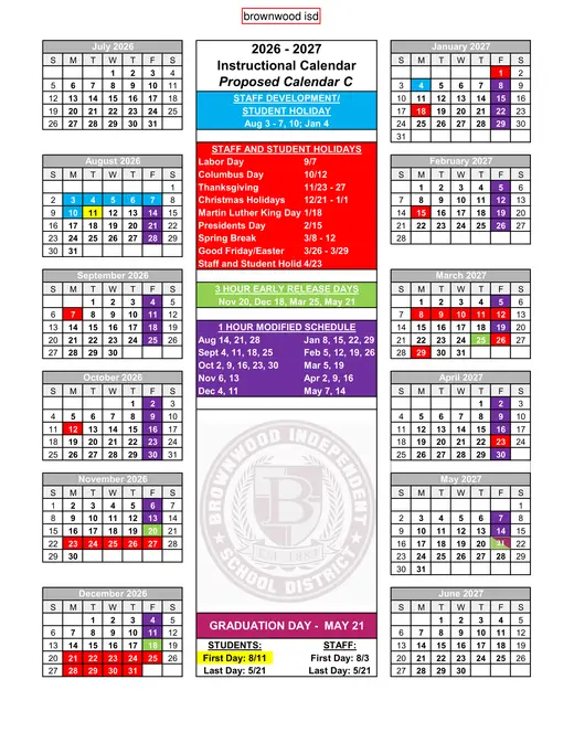 Brownwood ISD 2026–2027 Academic Calendar