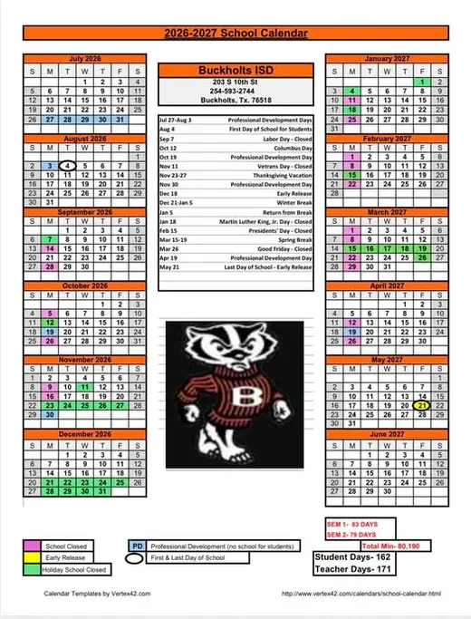 Buckholts ISD 2026–2027 Academic Calendar Page 2