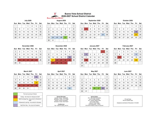 Buena Vista School District 2026–2027 Academic Calendar