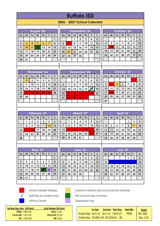 Buffalo ISD 2026–2027 Academic Calendar