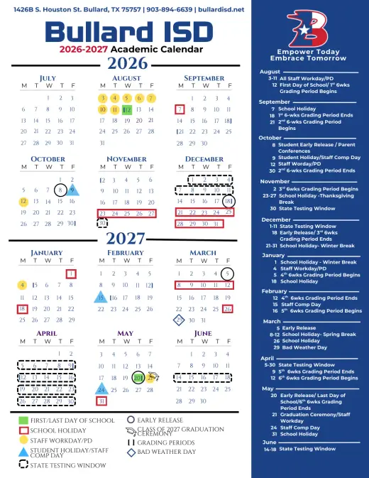 Bullard ISD 2026–2027 Academic Calendar Page 1