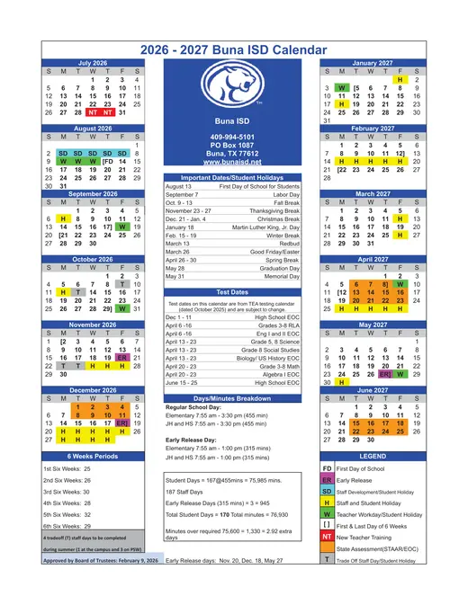 Buna ISD 2026–2027 Academic Calendar