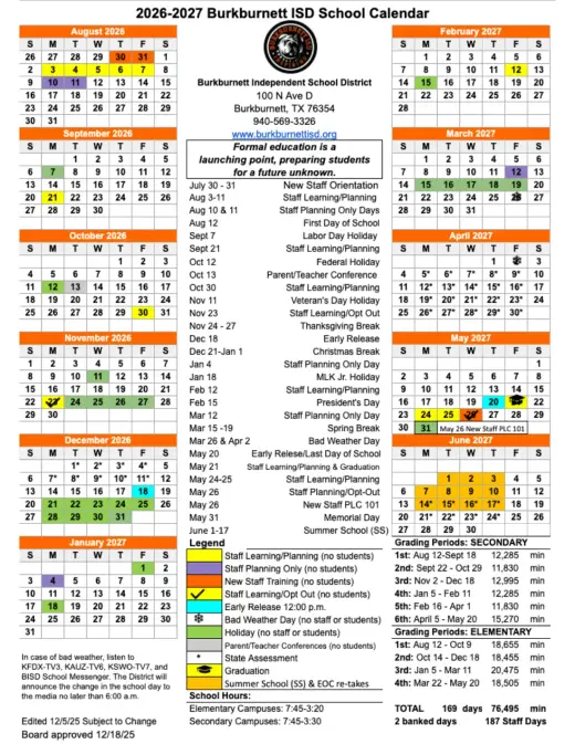 Burkburnett ISD 2026–2027 Academic Calendar Page 1