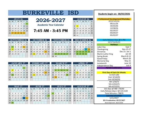 Burkeville ISD 2026–2027 Academic Calendar