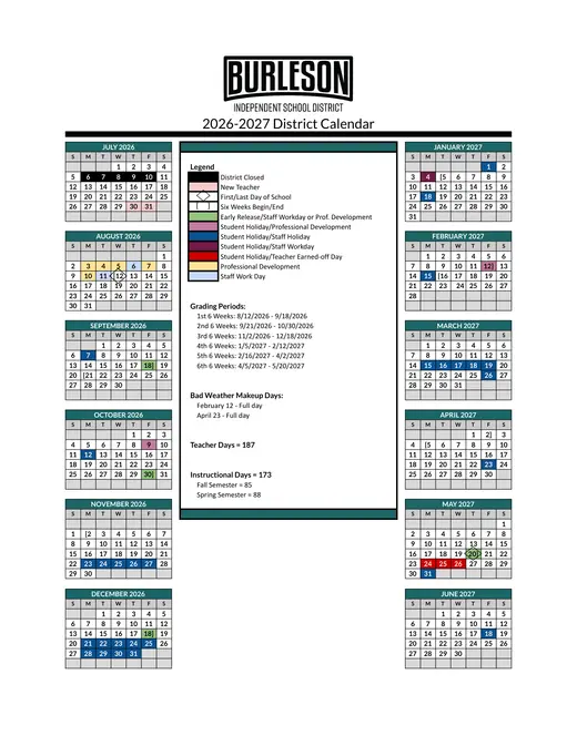 Burleson Independent School District 2026–2027 Academic Calendar