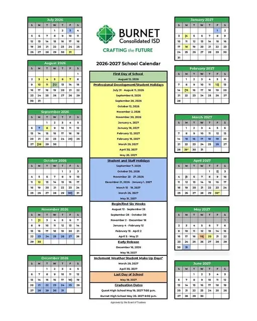 Burnet Consolidated ISD 2026–2027 Academic Calendar Page 1