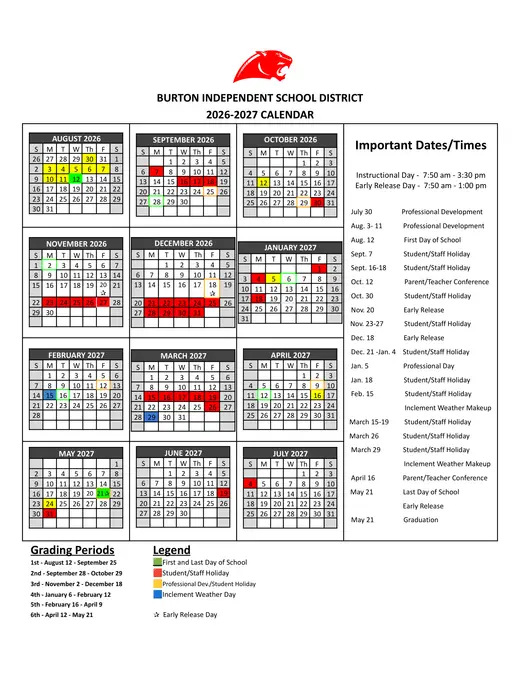 Burton Independent School District 2026–2027 Academic Calendar