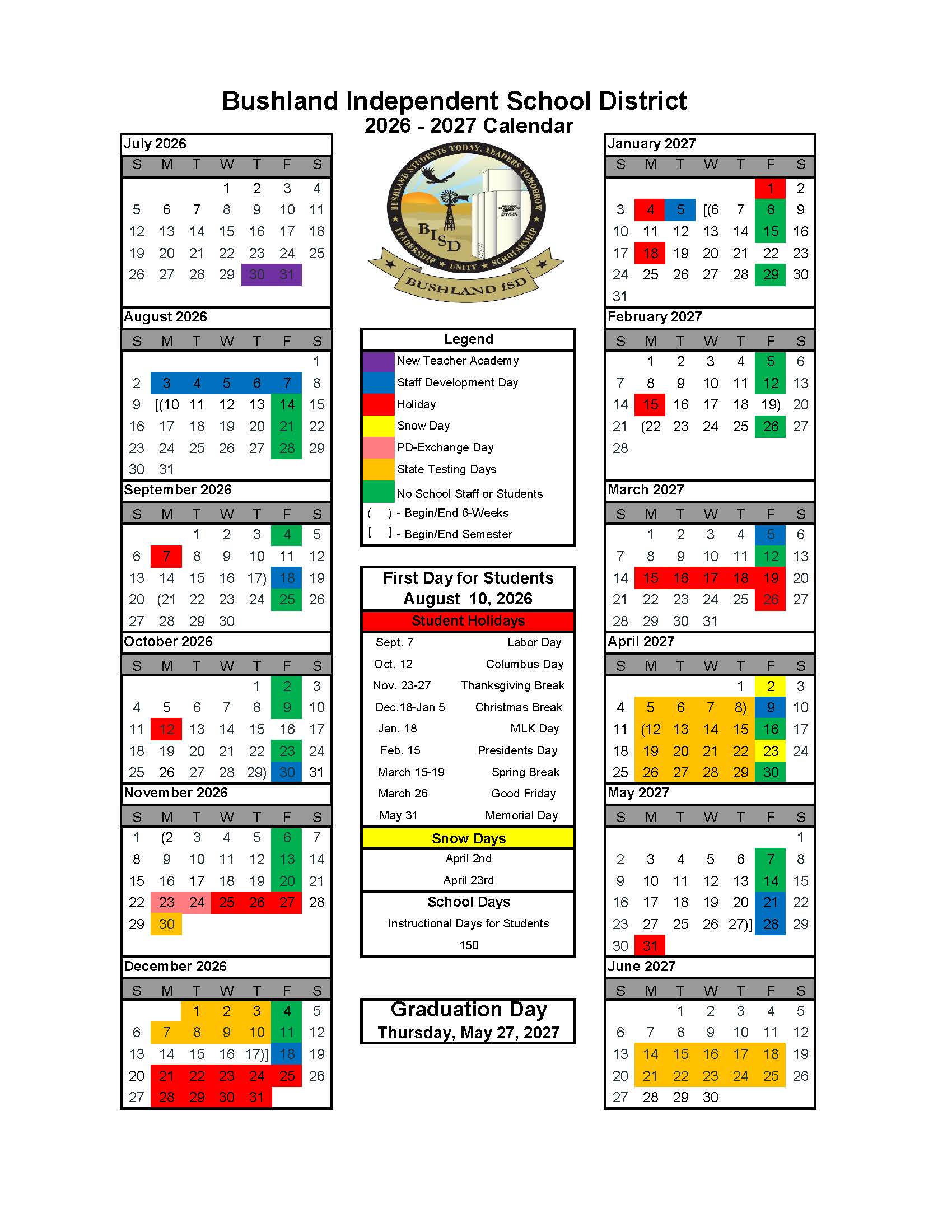 Bushland Independent School District 2026–2027 Academic Calendar Page 2