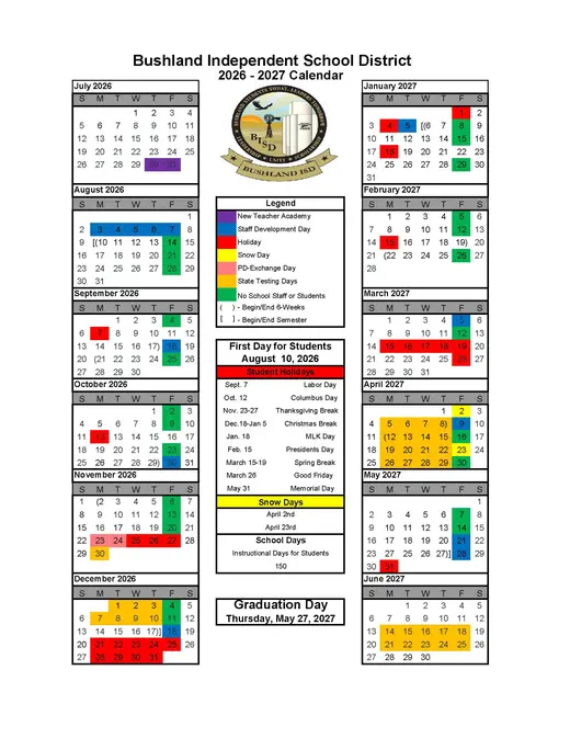 Bushland Independent School District 2026–2027 Academic Calendar Page 1