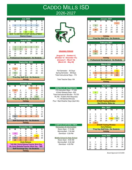 Caddo Mills ISD 2026–2027 Academic Calendar