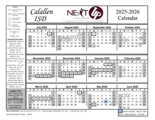 Calallen ISD 2025–2026 Academic Calendar