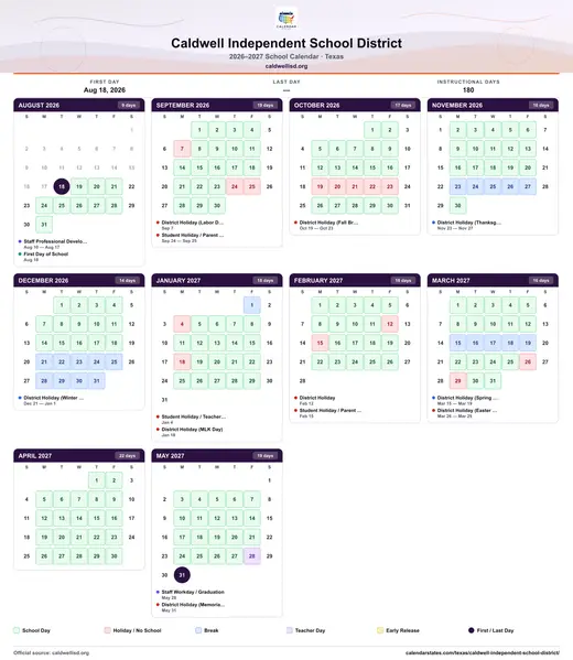 Caldwell Independent School District 2026–2027 printable school calendar — every month on one sheet