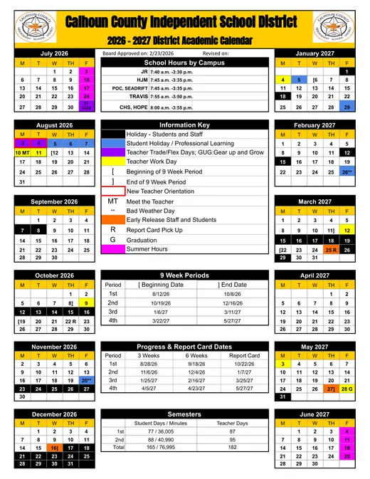 Calhoun County Independent School District 2026–2027 Academic Calendar