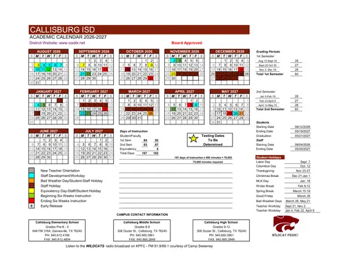 Callisburg ISD 2026–2027 Academic Calendar