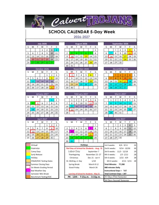 Calvert ISD 2026–2027 Academic Calendar Page 1