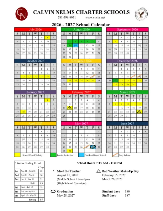 Calvin Nelms Charter Schools 2026–2027 Academic Calendar Page 1