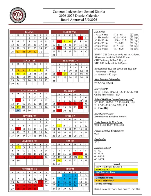 Cameron Independent School District 2026–2027 Academic Calendar