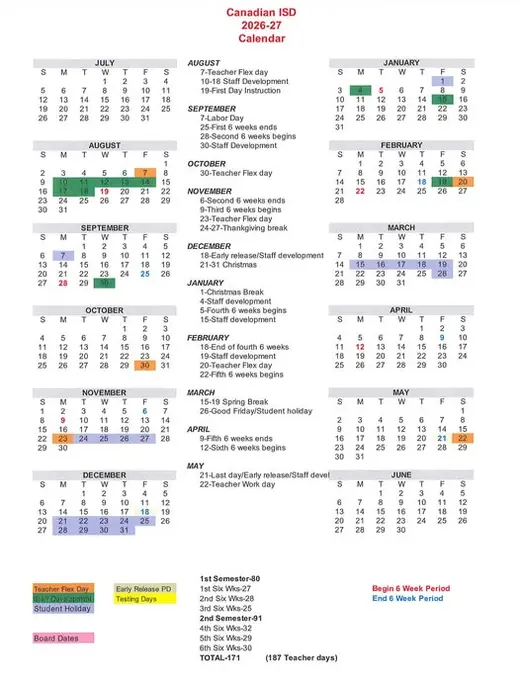 Canadian ISD 2026–2027 Academic Calendar Page 1