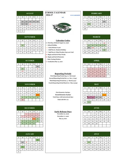 Canton ISD 2026–2027 Academic Calendar