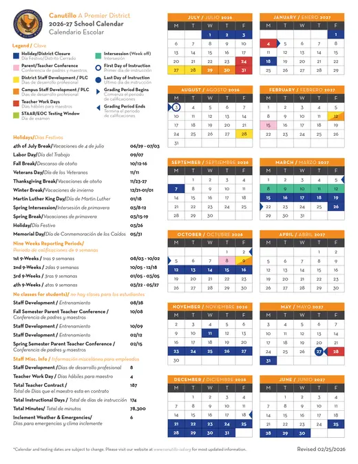 Canutillo Independent School District 2026–2027 Academic Calendar