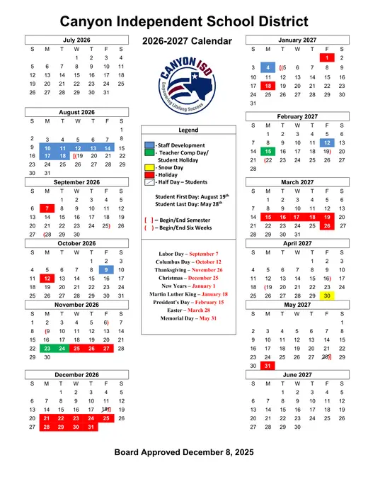 Canyon Independent School District 2026–2027 Academic Calendar