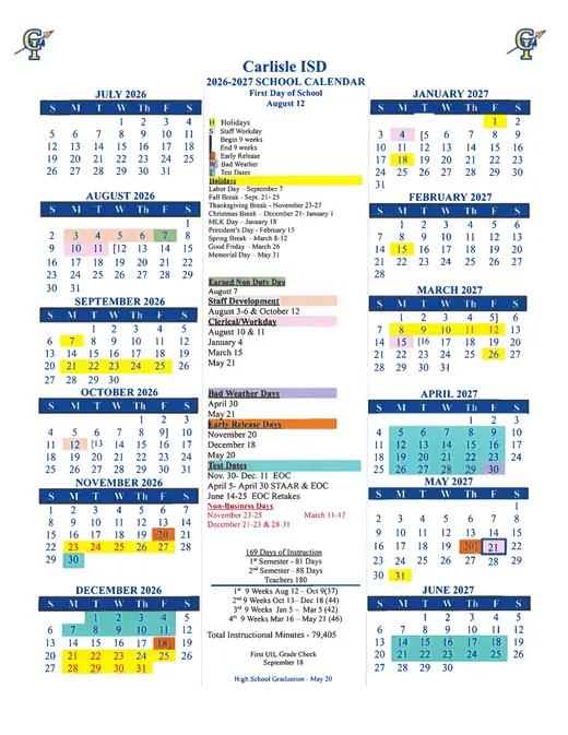 Carlisle ISD 2026–2027 Academic Calendar