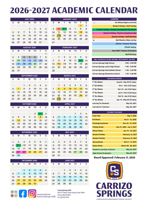 Carrizo Springs Consolidated Independent School District 2026–2027 Academic Calendar
