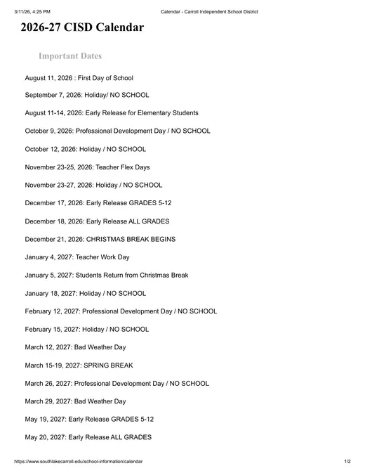 Carroll Independent School District 2026–2027 Academic Calendar Page 1