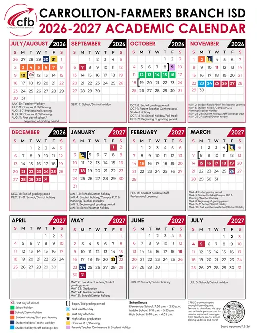 Carrollton-Farmers Branch ISD 2026–2027 Academic Calendar Page 1