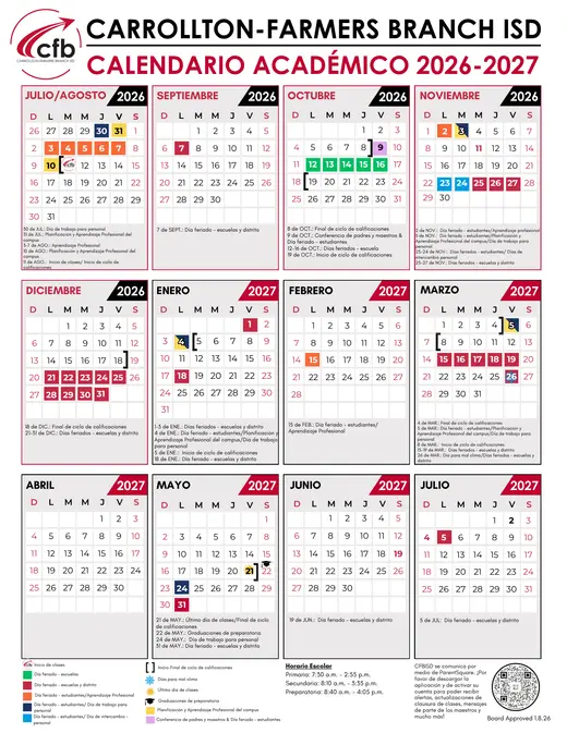 Carrollton-Farmers Branch ISD 2026–2027 Academic Calendar Page 2