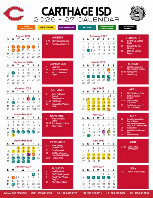 Carthage ISD 2026–2027 Academic Calendar